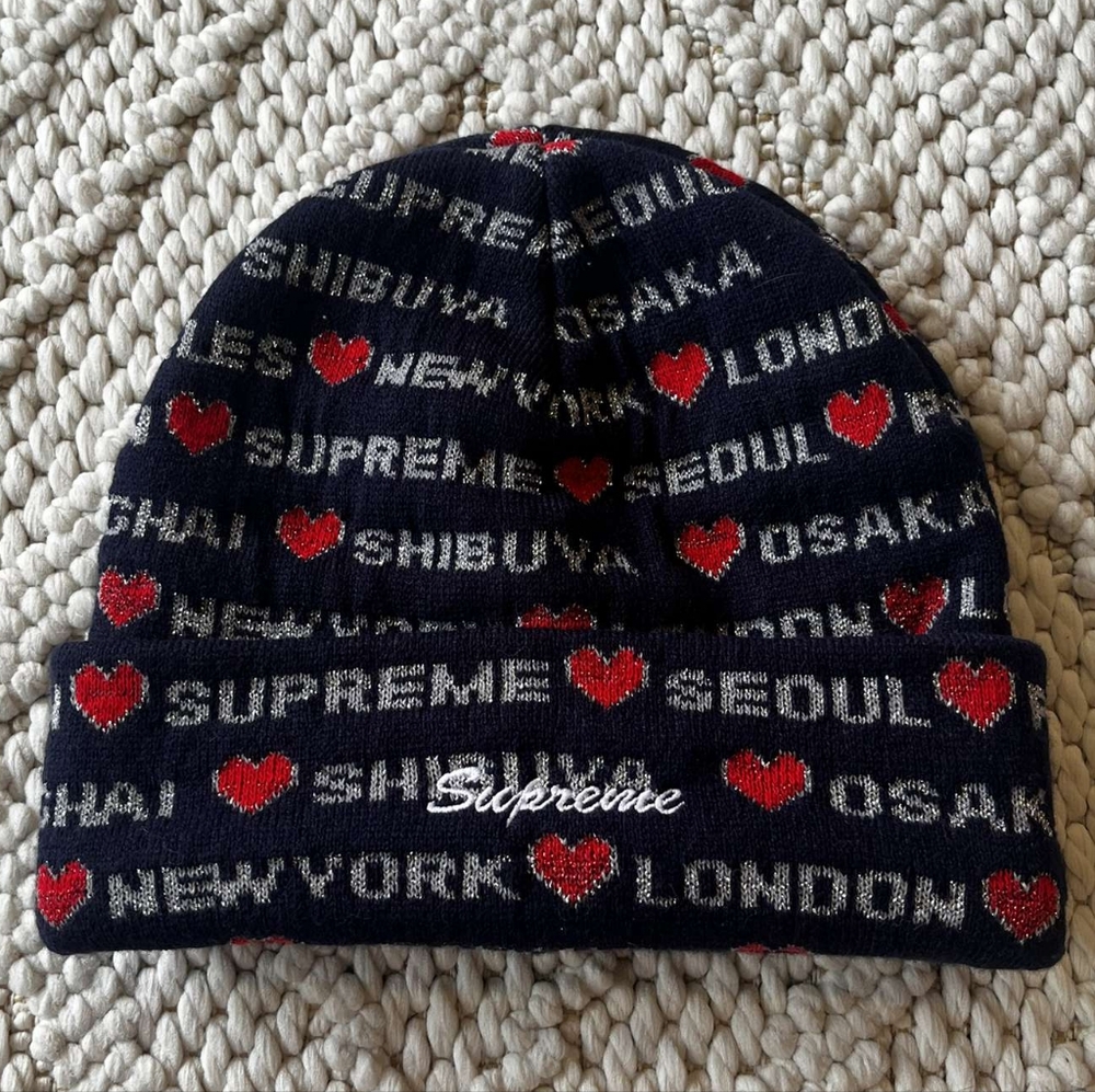 Supreme Cursive Hearts Logo Designer Beanie Hat